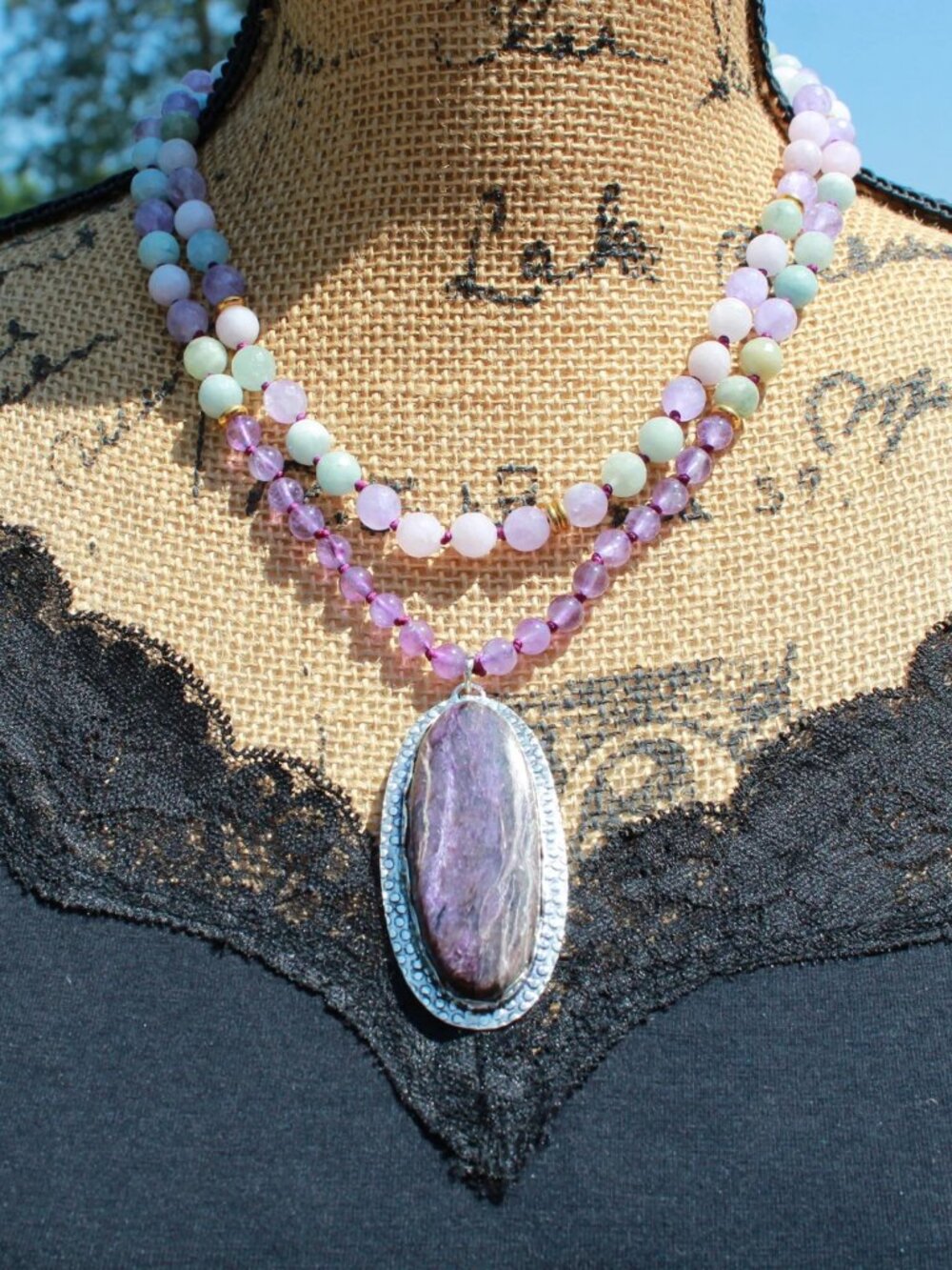 Long Beaded Russian Charoite Pastel Beaded Necklace